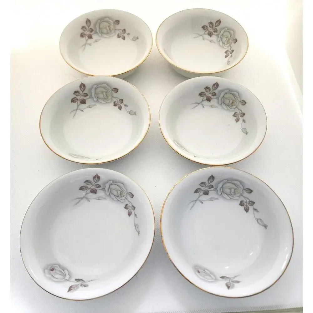 Johann Haviland Bavaria Germany Set/6 Berry Dessert Bowls Floral Rose Gold Trim